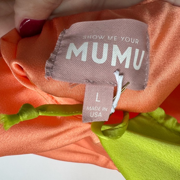 SHOW ME YOUR MUMU NEW Calloway Cut Out Dress‎ Cantaloupe Luxe Satin Maxi Large - Picture 12 of 14